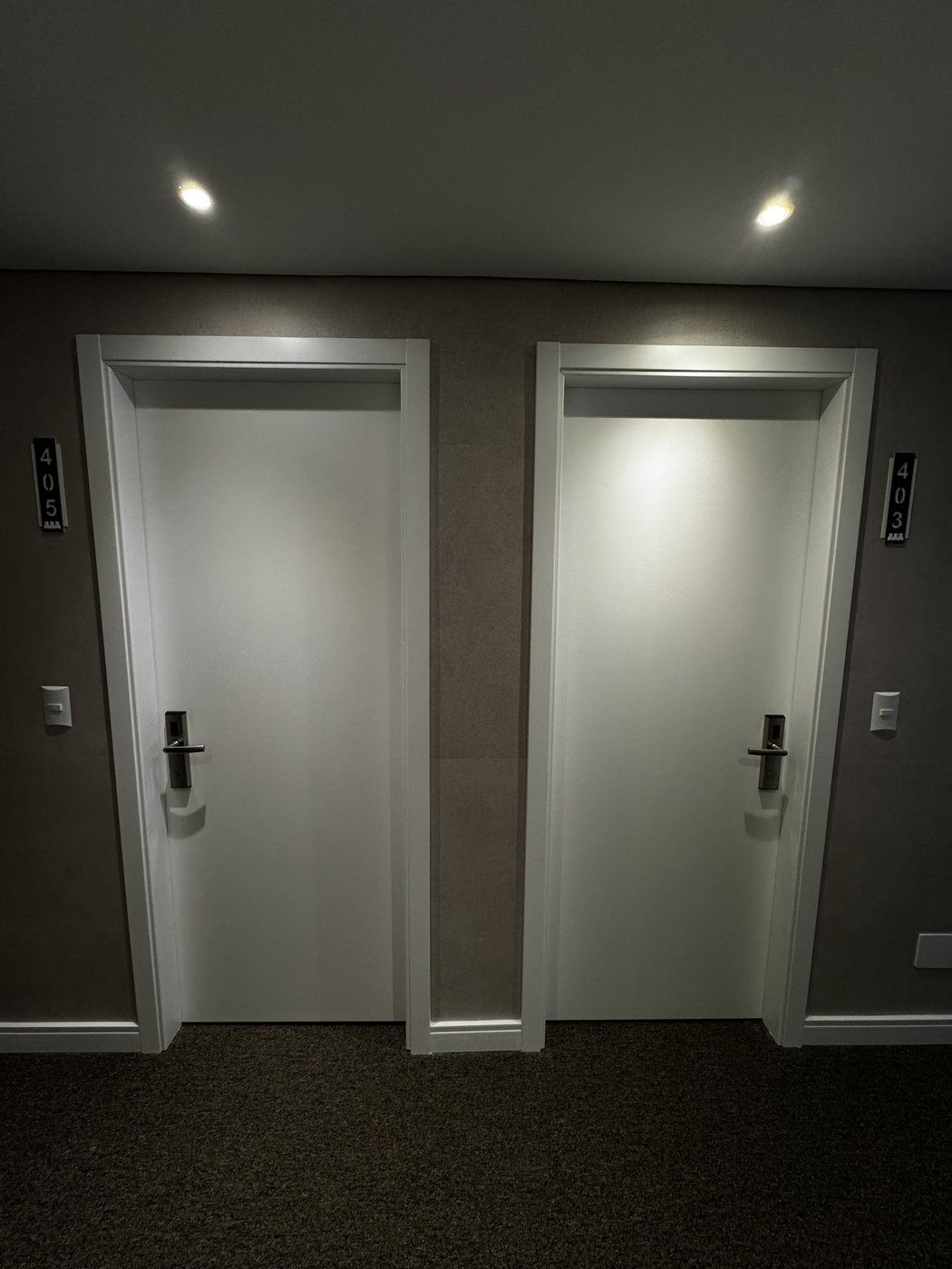 Hall com carpete escuro entre portas brancas